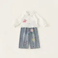 Set bambina con camicia bianca a pois con colletto a bambola, ricamo gatto e jeans - 80 / Set Camicia Bianca a Maniche Lunghe + Pantaloni di Jeans (CY26113C)