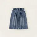 Girl's wide-leg denim jeans in washed blue with elastic waistband and pleated details - 80 / Denim Blue