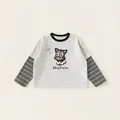 Kids grey long sleeve t-shirt with fake two-piece design and cat print graphic - 110 / Light Grey