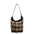 Bolso saco de lana con estampado de cuadros marrones y verdes y correas de cuero negro - Cuadros Verdes