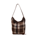 Bolso de hombro en tweed a cuadros marrón y beige con ribetes de cuero y cordón - Cuadros Café