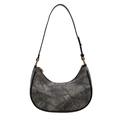 Schicke graue Denim-Hobo-Tasche mit geometrischen Mustern und schwarzem Lederriemen - Schwarz