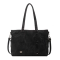 Minimalist black PU tote bag with wrinkled texture, silver hardware and shoulder strap - Black