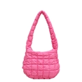 Hot pink quilted puffer tote bag in glossy nylon fabric with wide shoulder strap - Rose Pink
