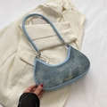 Minimalist half-moon underarm bag in retro blue textured material with yellow lettering - Blue
