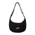 Bolso bandolera de media luna en pana negra con correa ajustable y parche de cuero - Negro