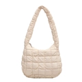 Minimalist cream white quilted puffy handbag made of lightweight nylon with silver zipper - Beige