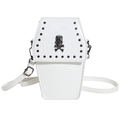 Gothic white coffin shoulder bag with metal skull emblem and punk rivet studs - Skeleton White