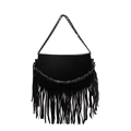 Minimalistische schwarze Schultertasche aus Wildlederimitat mit Metallkette und Fransen - Schwarz