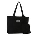 Vertical black corduroy tote bag for women with fashion label and matching mini pouch - Black (With Small Pouch)