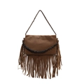 Braune Boho Wildleder-Handtasche mit langen Fransen und schwarzer Kettendekoration - Braun