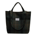 Borsa tote a scacchi verde scuro con doppi manici e design con etichetta tessuta - Verde a Quadri