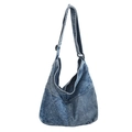 Borsa a spalla hobo in denim blu lavato con tracolla regolabile e cerniera in metallo - Blu