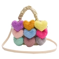 Borsa tote in tela color crema con cuori di peluche colorati e manico arricciato - Bianco Sporco