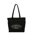 Minimalistische zwarte canvas shopper met voorzak met drukknoop en goud borduursel - Zwart
