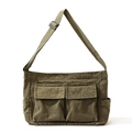 Vintage olive green large canvas crossbody bag with multi-pocket workwear design - Green