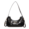 Minimalist black glossy PU leather hobo shoulder bag with a stylish golden metal logo - Black