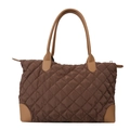 Coffee brown quilted tote bag with khaki leather trim and large capacity design - Brown