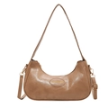 Minimalist brown PU leather half moon shoulder bag with embossed fashion text - Khaki