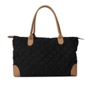 Quilted black nylon tote bag with brown leather straps and reinforced corners - Black