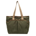 Minimalist dark green corduroy tote bag with khaki straps and large front pockets - Green