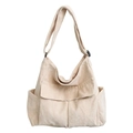 Bolso tote minimalista de pana beige con bolsillos grandes y correa ajustable de hombro - Blanco