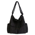Bolso de hombro de pana negra con múltiples bolsillos y estilo hobo para mujer - Negro