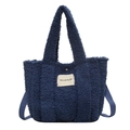 Minimalist deep blue fuzzy plush tote bag with MILLDI PLAN label and shoulder strap - Blue