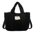 Minimalist black faux fur tote bag with plush texture and woven logo patch - Black