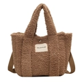 Sac fourre-tout marron en peluche avec étiquette et bandoulière amovible pour femme - Kaki