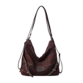 Bolso bandolera vintage de tweed a cuadros rojos y verdes con correas de cuero - Marrón