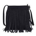 Minimalistische schwarze Wildleder Umhängetasche mit langen Fransen und Gold-Hardware - Schwarz