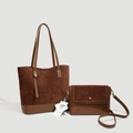 Conjunto de bolsos marrón oscuro en gamuza con bolso tote y bandolera pequeña - Marrón