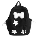Minimalistischer schwarzer Nylonrucksack mit weißen Plüschknochen und Sternen für Damen - Schwarz