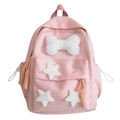 Rosa Nylon-Rucksack für Damen mit weißer Plüschschleife und Sternanhängern im Miniformat - Rosa