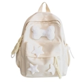Damenrucksack aus cremefarbenem Nylon mit weißer Plüschschleife und Sternanhängern - Weiß