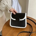 Minimalist black PU leather crossbody bag with white faux fur trim and square buckle design - Black