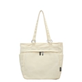 Sac fourre-tout en toile crème minimaliste avec poche zippée et étiquette mode - Blanc Cassé