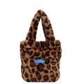 Minimalist faux fur handbag with leopard print and a woven blue label on white background - Leopard Brown