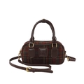 Borsa boston classica in lana a quadri scuri con manici in pelle marrone e finiture oro - Quadretti Rossi