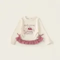Girls long sleeve cream top with bunny graphics and red checkered ruffle hem detailing - 160 / Off White
