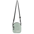 Mint green corduroy crossbody bag with adjustable black strap and fashion label on white background - Green