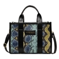 Blaue Handtasche mit Schlangenhaut-Muster, schwarzen Griffen und Umhängegurt - Blau