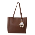 Minimalist dark brown PU leather tote bag with white plush charm on white background - Brown with Charm