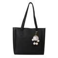 Minimalist black PU leather tote bag featuring a cute white plush doll charm accessory - Black with Charm