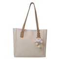 Minimalist cream white PU leather tote bag with brown straps and plush charm detail - White with Bowknot Charm