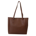 Minimalist brown PU leather tote bag with slim shoulder straps in a classic rectangle shape - Brown without Charm