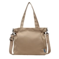 Minimalist beige canvas tote bag with adjustable shoulder strap and blue woven label - Khaki