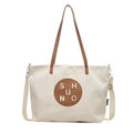 Minimalistische weiße Segeltuch-Tasche mit braunen Ledergriffen und verstellbarem Gurt - Gebrochenes Weiß