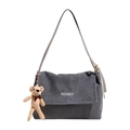 Borsa a spalla in velluto a coste grigio con ricamo 'MEAREY' e ciondolo a orsetto - Grigio Con Charm